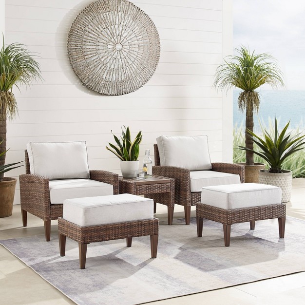 Capella 5pc Outdoor Wicker Conversation Set With Arm Chairs Ottomans amp Side Table Cream brown Crosley