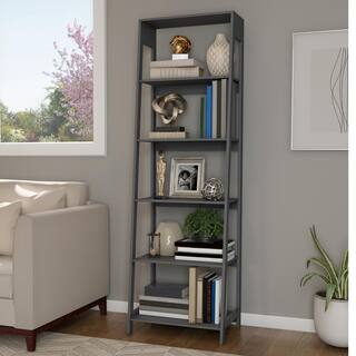 71 in. Gray Wooden 5-Shelf Leaning Ladder Bookcase 335226UNF