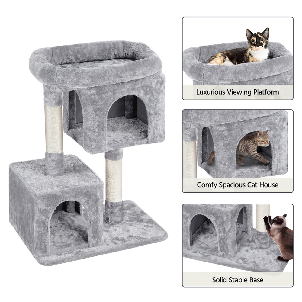 SMILE MART Multilevel Small Space Cat Tree with Condos， Light Gray