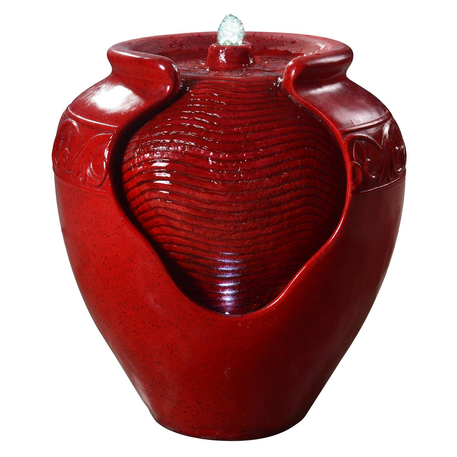 Teamson Home Outdoor Glazed Pot Floor Fountain with LED Lights， Red