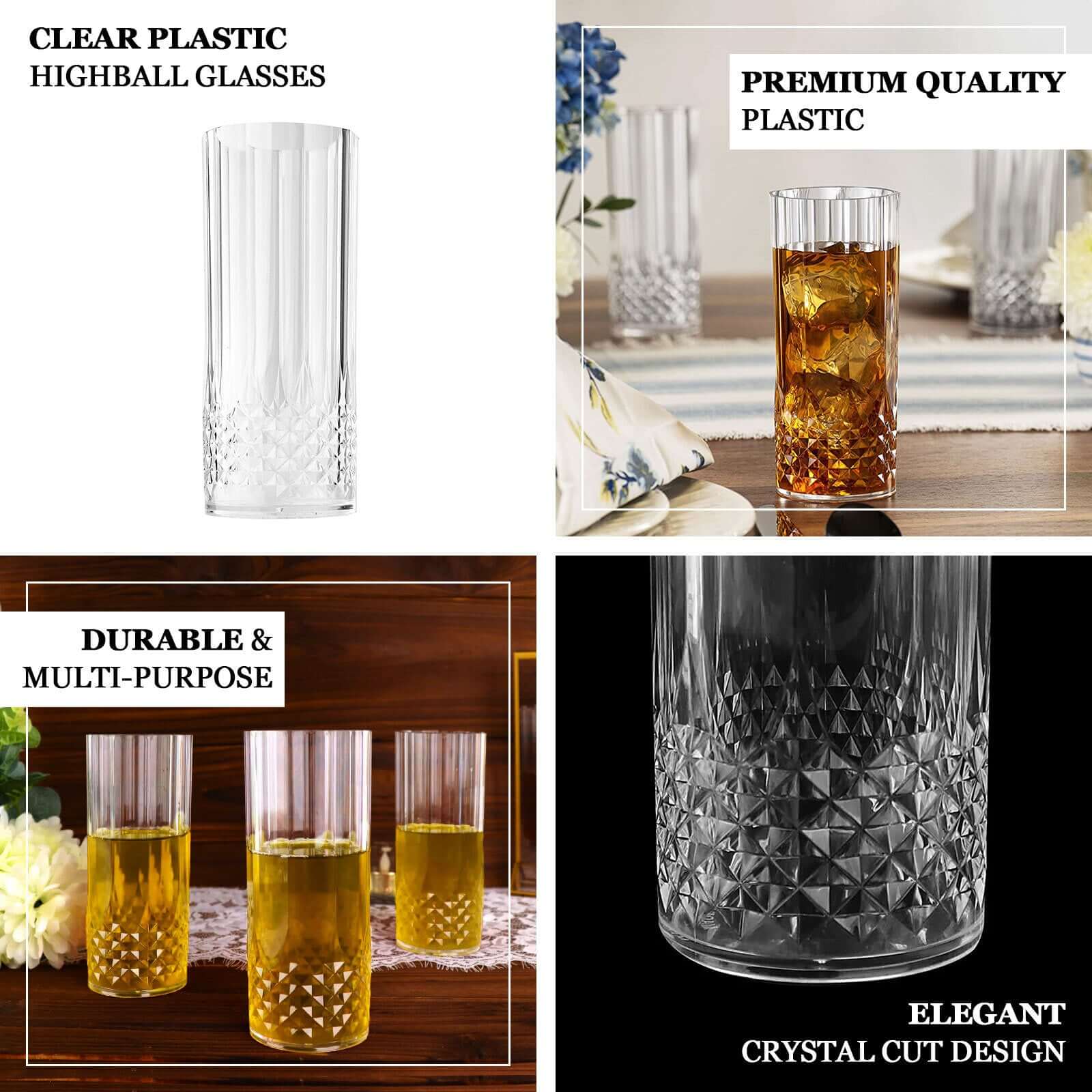 6 Pack Black Crystal Cut Reusable Plastic Highball Drink Glasses, Shatterproof Tall Cocktail Tumbler Cups 14oz