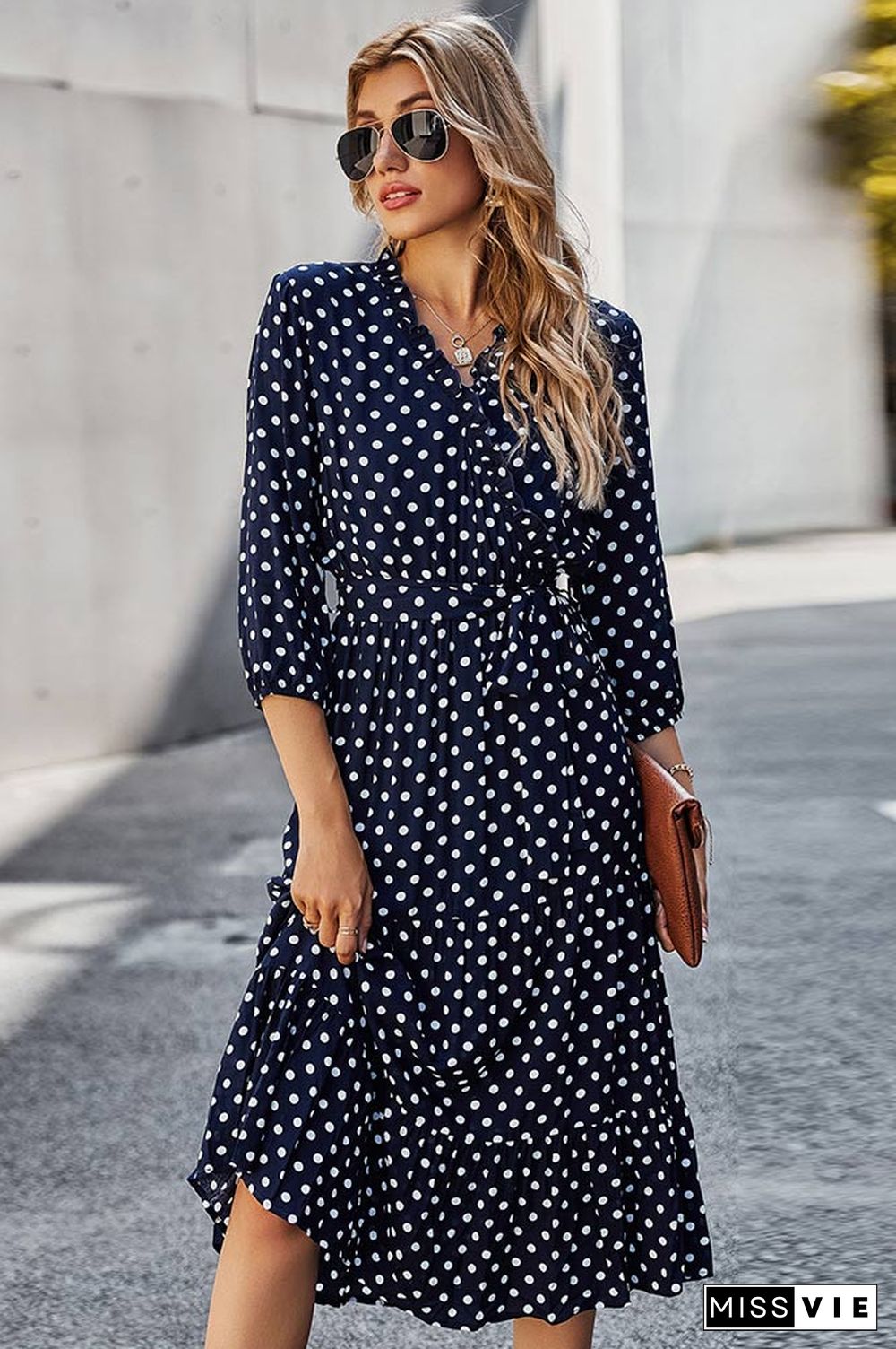 Classic Polka Dot Printed Gathered Waist  Midi Dress