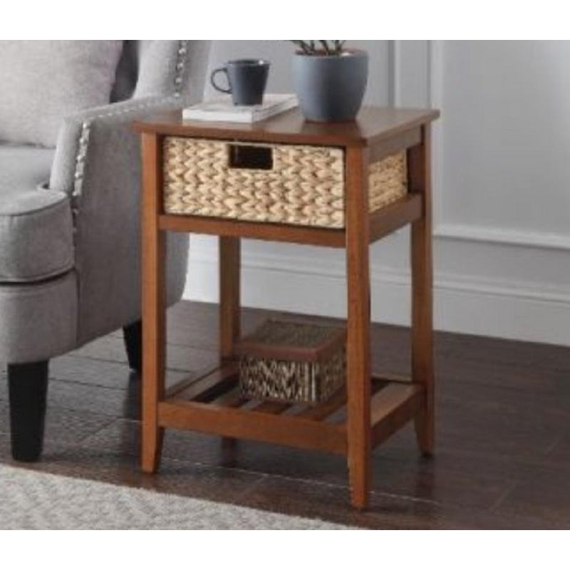 Transitional Accent Table with 1 Woven Basketand1 Slatted Shelf - Walnut