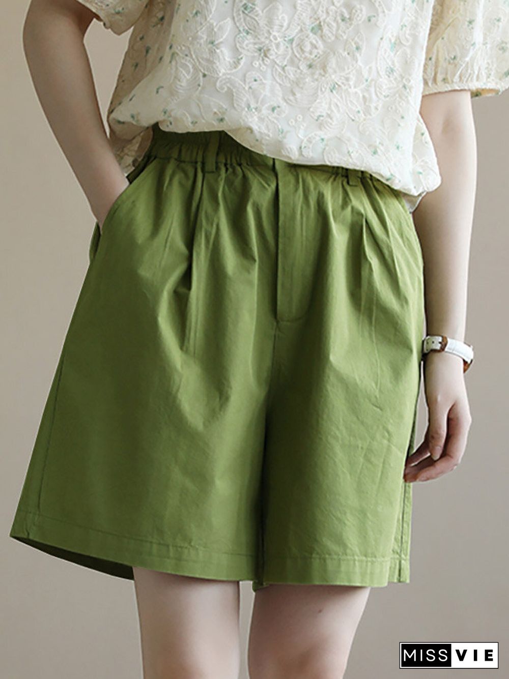 Solid Pocket Elastic Waist Wide Leg Casual Shorts