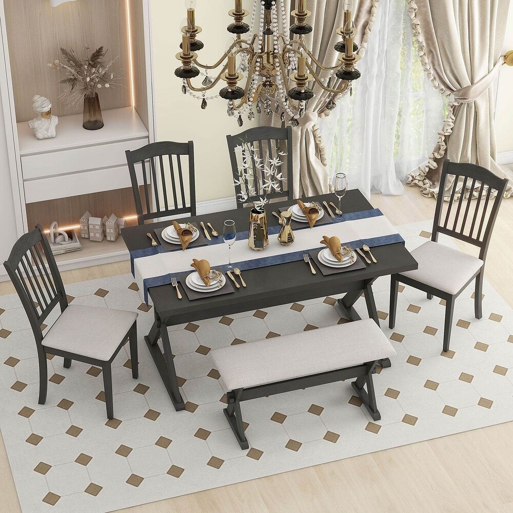 Rustic Solid Wood 6 Piece Dining Table Set with 4 Chairs and 1 Bench