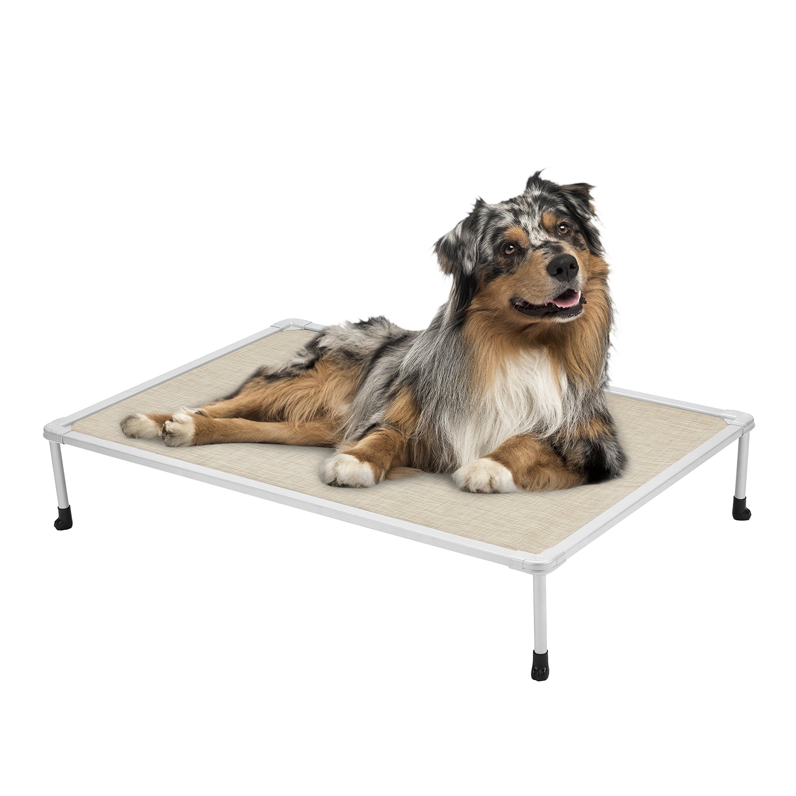 Veehoo Chewproof Dog Bed， Cooling Raised Dog Cots with Silver Metal Frame， Medium， Beige Coffee