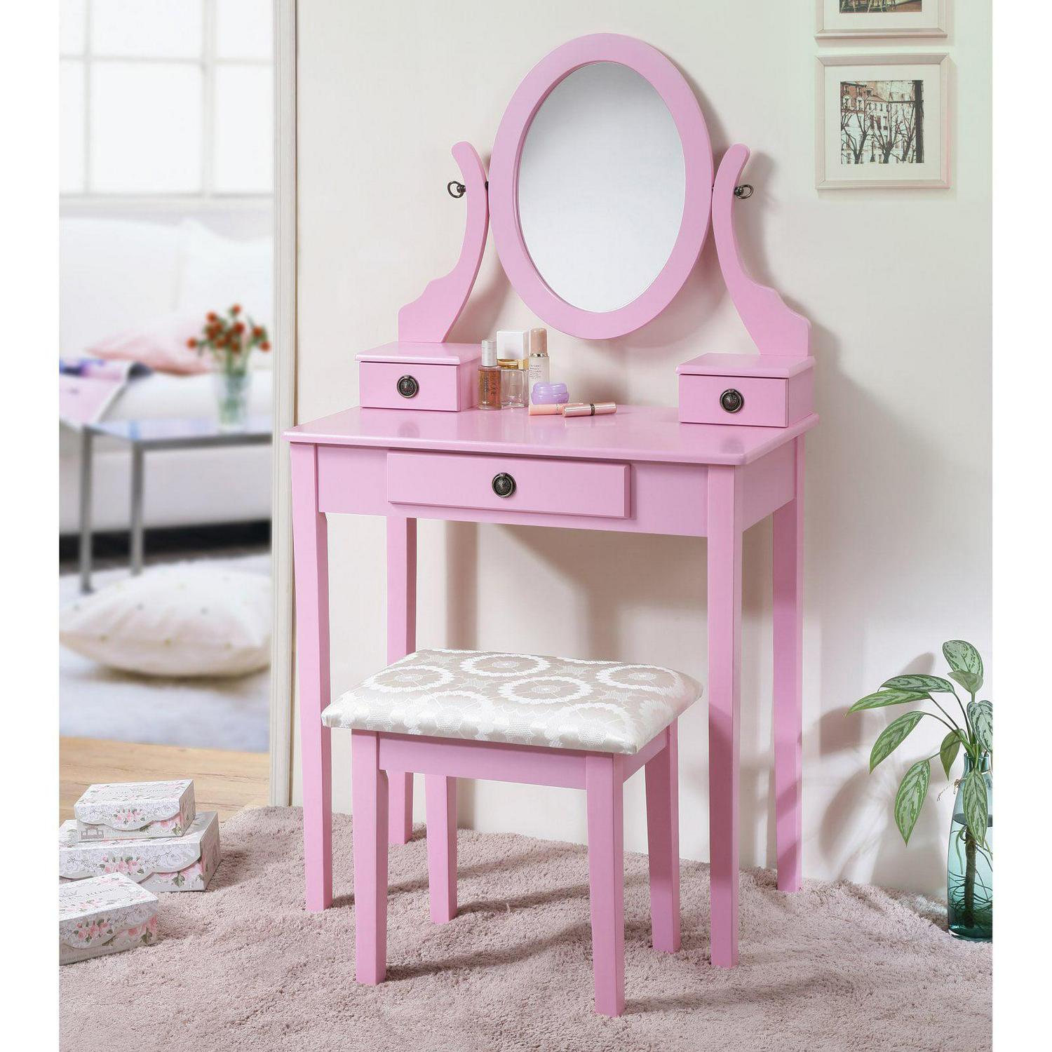 Roundhill Furniture Moniya Wood Vanity Table and Stool Set， Pink