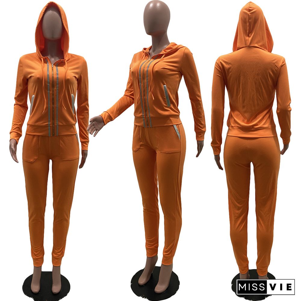 Solid Color Reflective Strip Zipper Hoodie Top Pants Set