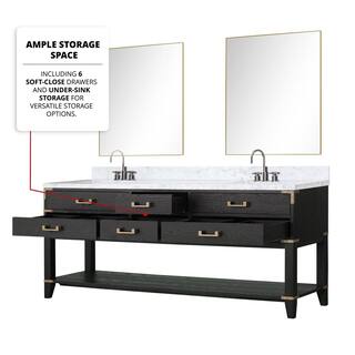 Lexora Irvington 80 in W x 22 in D Black Oak Double Bath Vanity Carrara Marble Top Faucet Set and 36 in Mirrors LVI80DJ111