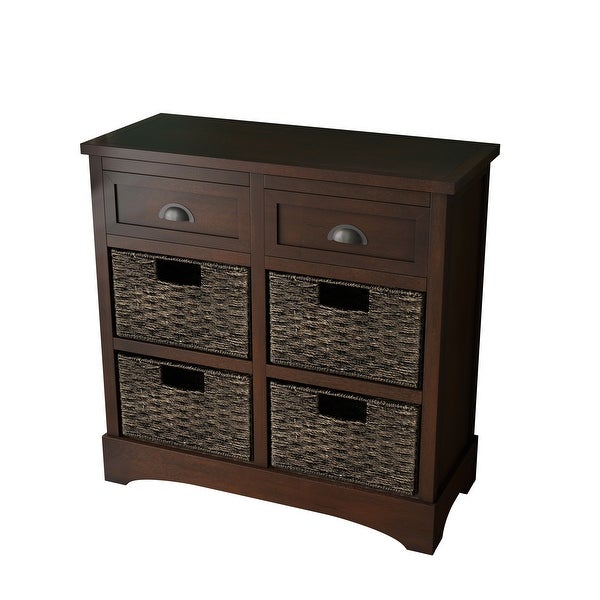 Rustic Storage Cabinet with Two Drawers and Four Classic Rattan Basket for Dining Room/Living Room