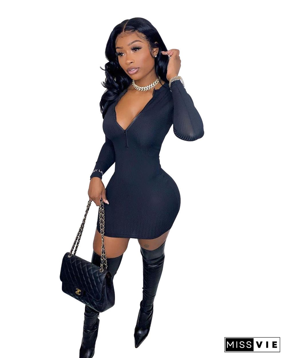 Embroidered Long Sleeve Front Zipper Bodycon Dress