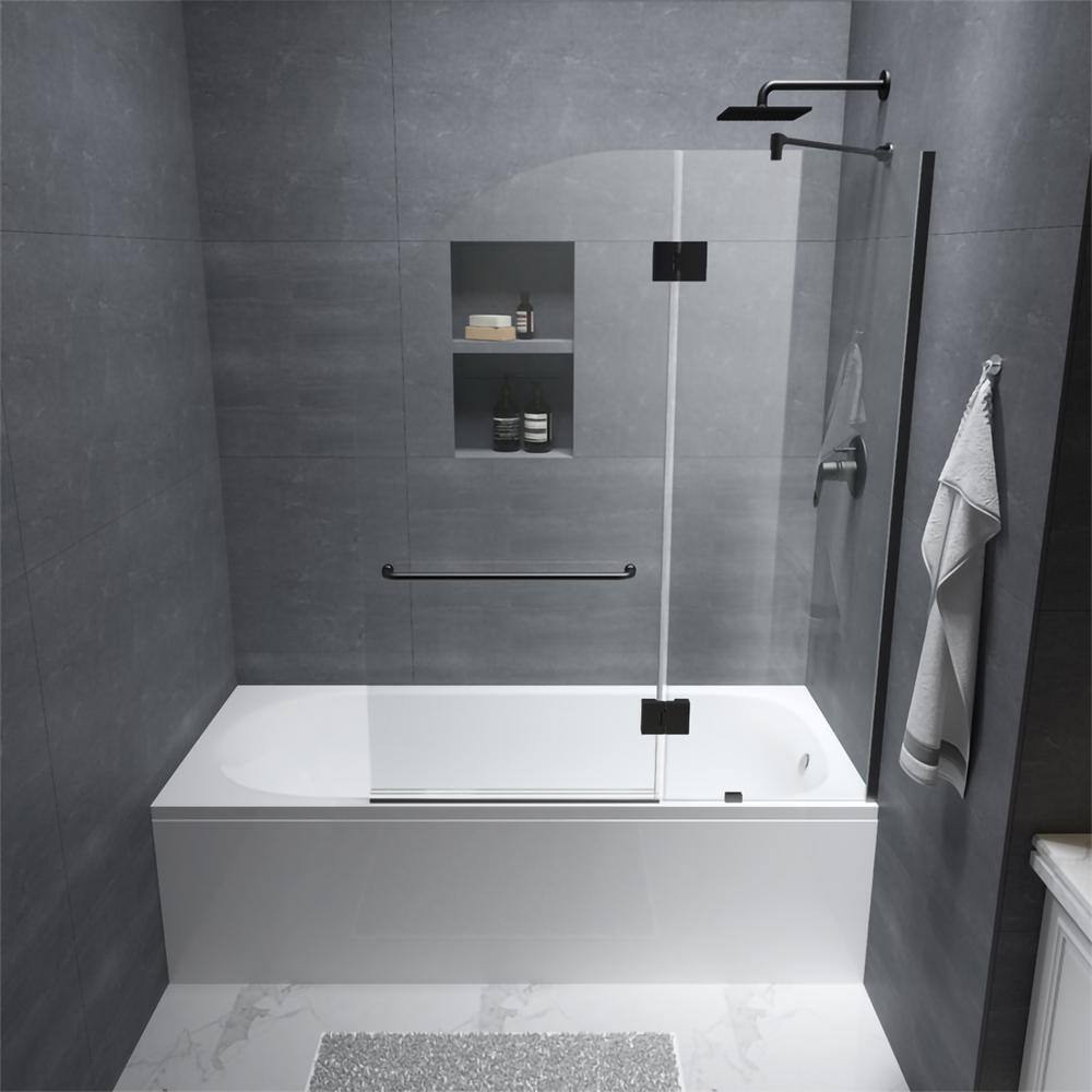 INSTER VENUS 48 in. W x 58 in. H Pivot Frameless Tub Door in Black Hinges with Clear Glass (Include Fixed Panel) HDBTYNSD0012