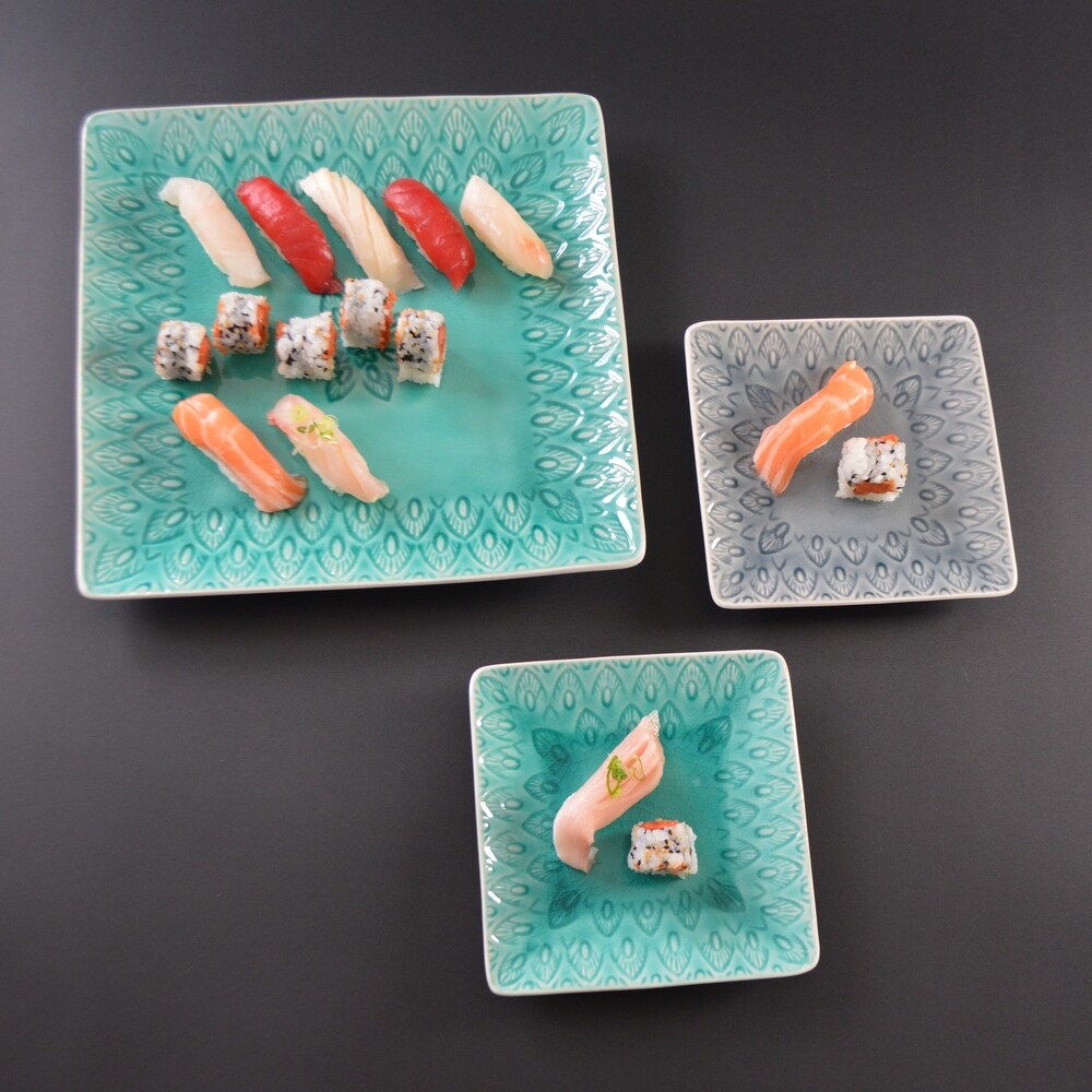 Euro Ceramica Peacock Stoneware 6.5 Inch Square Appetizer Salad Plate Set in Lagoon (Set of 4)   6.5 x 6.5 x .9