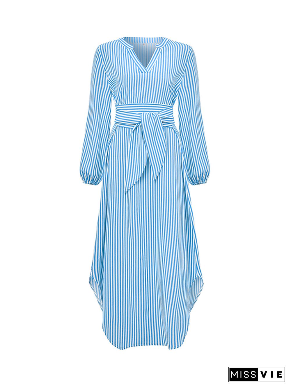 A-Line Long Sleeves Striped Tied Waist V-Neck Midi Dresses Shirt Dress