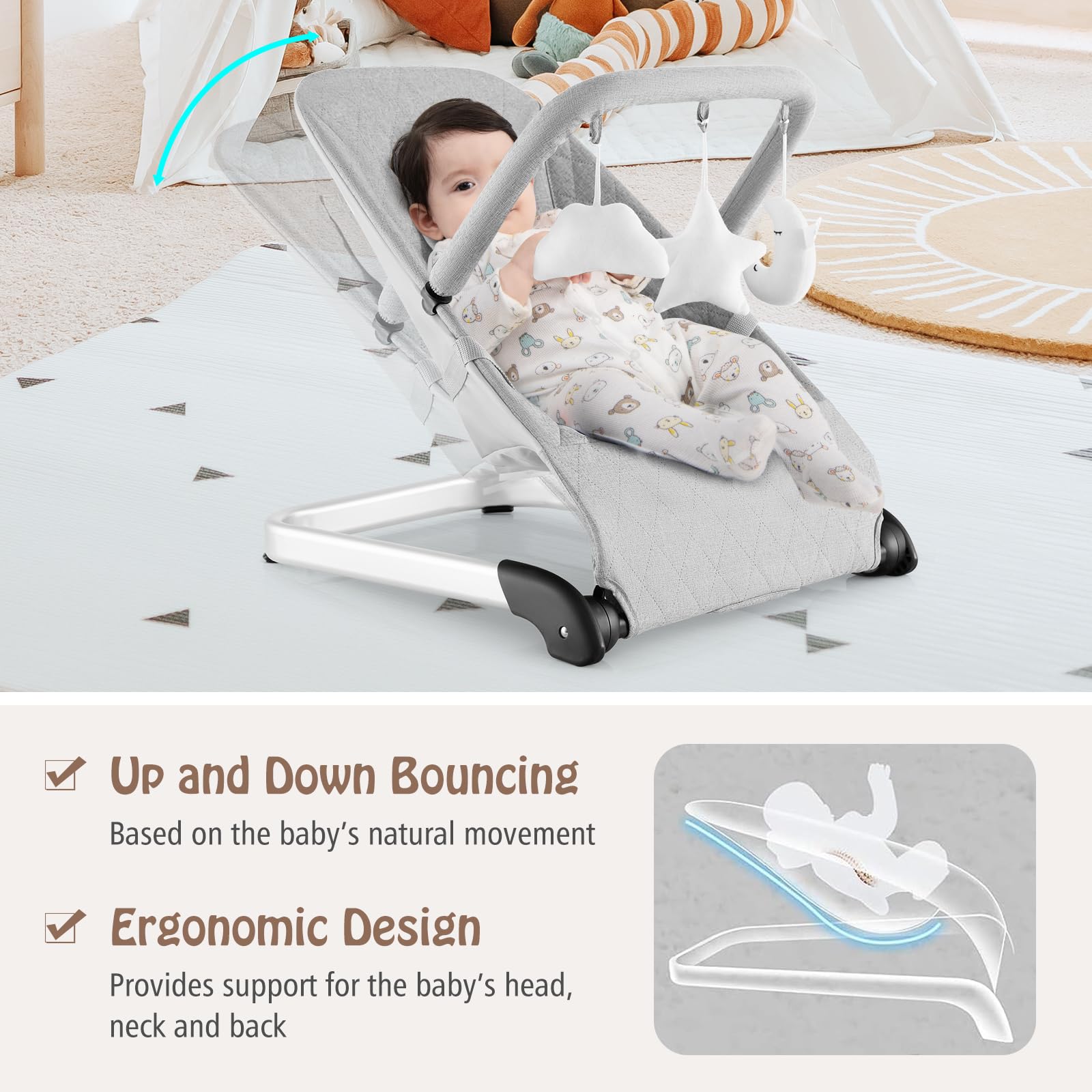 BABY JOY Baby Bouncer, Foldable Baby Rocker & Stationary Seat with 5-Point Safety Harness