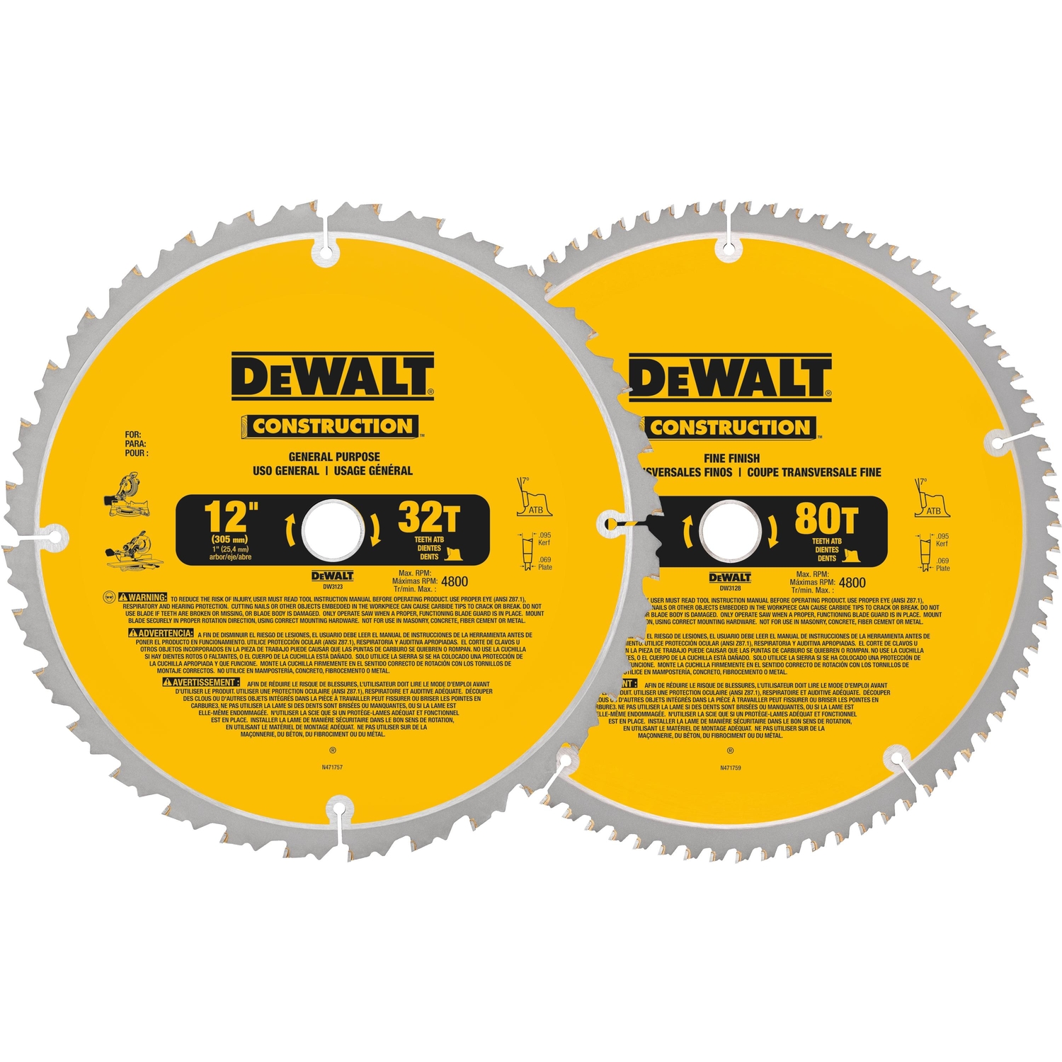 DW 12 in. D X 1 in. Carbide Circular Saw Blade 32， 80 teeth 2 pk