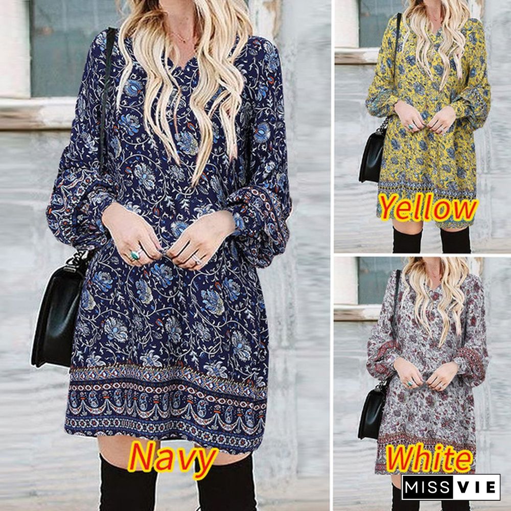 Women Spring Long Puff Sleeve Bohemian Travel Plus Size Mini Shirts Dresses Retro Floral Short Dress