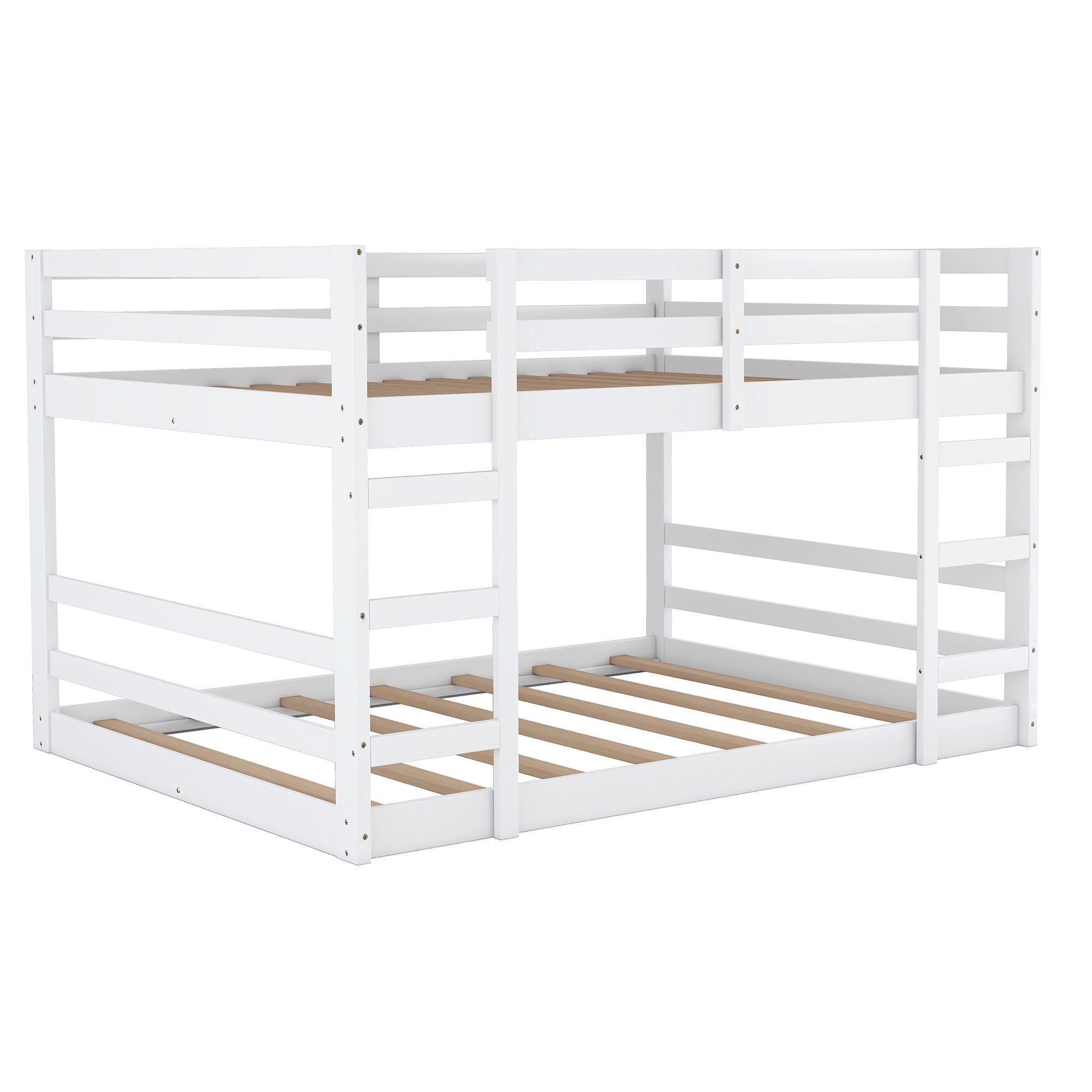 Bellemave Low Twin Over Twin Bunk Beds, Juniors Floor Bunk Bed with Ladder and Guardrails, Wood Twin Bunk Bed for Kids Teens Girls & Boys, White