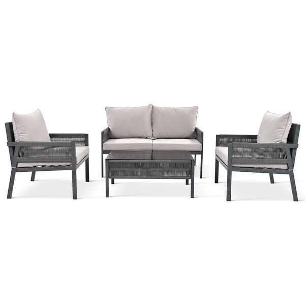 4Piece Patio Conversation Set with Tempered Glass Table，Outdoor Loveseat Chair Set with Thick Cushion for Backyard，Grey