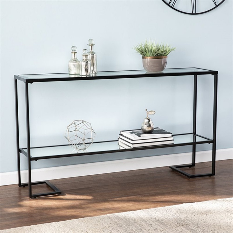 Maklaine Contemporary Tempered Glass Console Table in Black Finish   Transitional   Console Tables   by Homesquare  Houzz