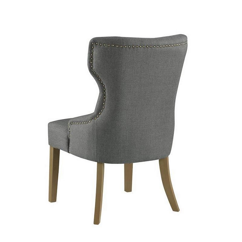 Polyester Upholstered Wooden Dining Chair with Button Tufted Wing Back， Gray and Brown