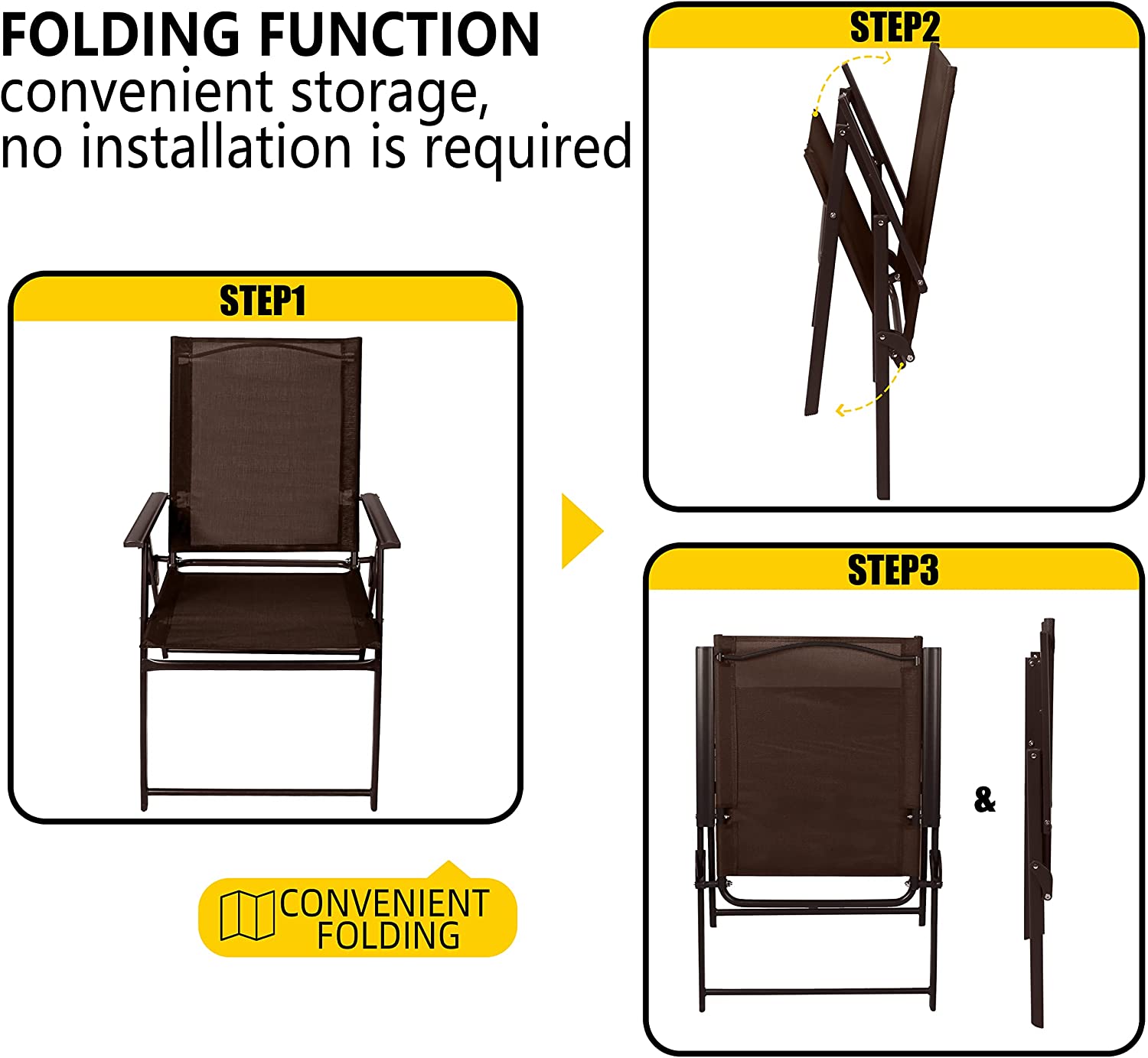 Weguard Outdoor Portable Folding Chairs Lawn Chair with Armrest and Metal Frame, Patio Dining Chairs Set of 2, 2-Pack Patio Chairs, Suitable for Camping Pool Beach Deck