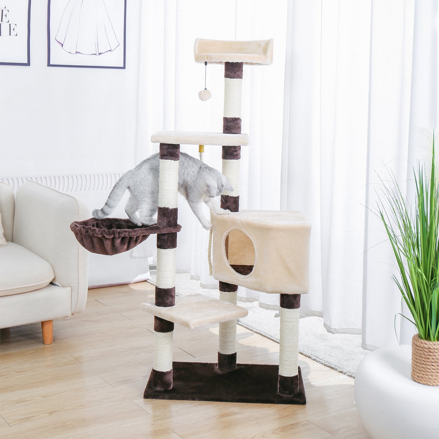 Cat Tree,Kitty Toy Cat Scratching Post Natural Sisals Kitten Activity Tower Condo Stand Luxury Furniture for Small & Medium Cats Beige