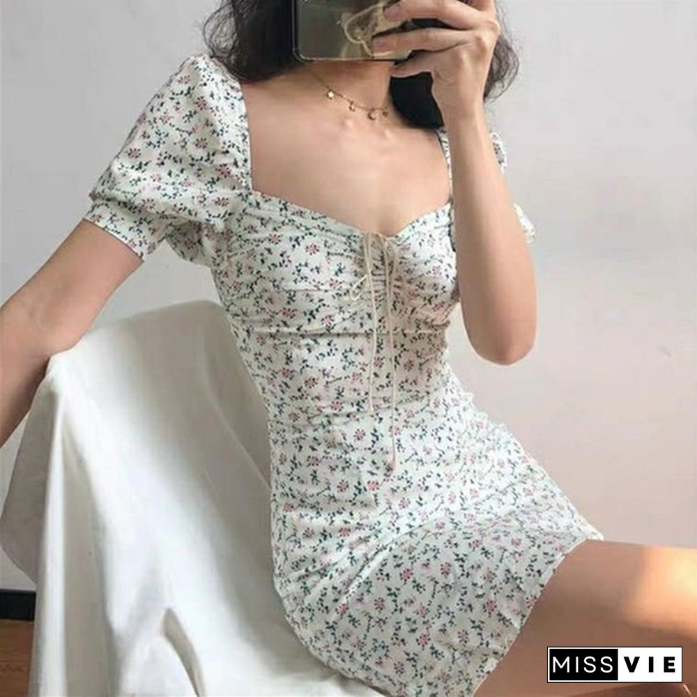 Summer Dress Retro Boho Women Tie Neck Floral Print Mini White Dress Elegant Puff Sleeve Dresses