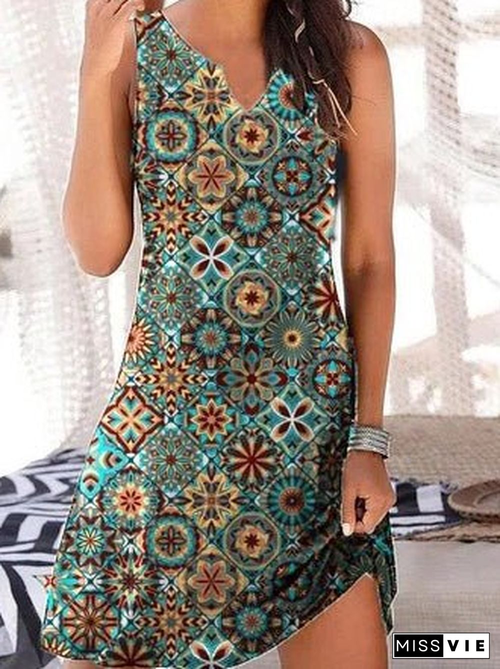 Women'S Dresses Printed V-Neck Sleeveless Dress