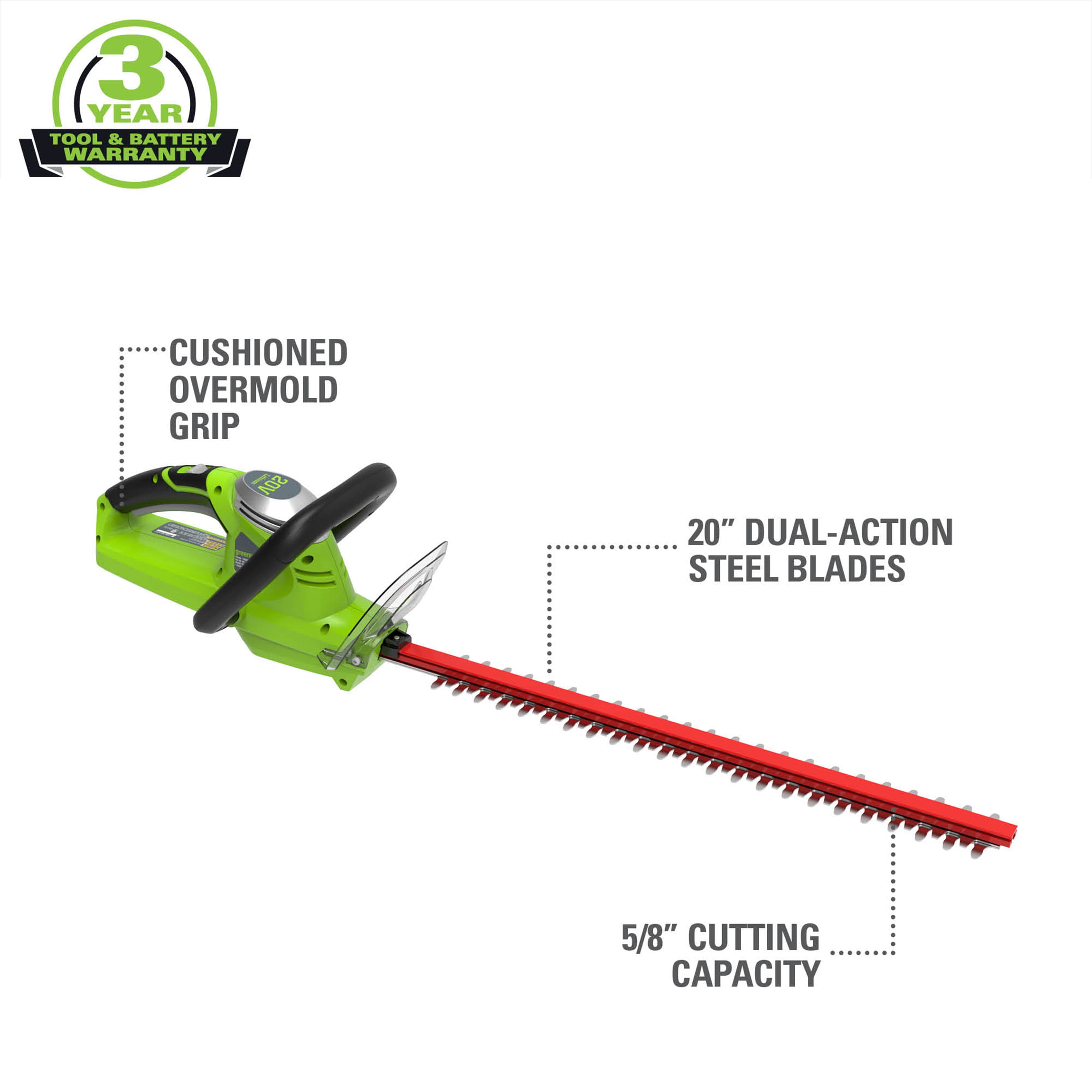 Greenworks 20V 20-inch Hedge Trimmer， Battery Not Included， 22302