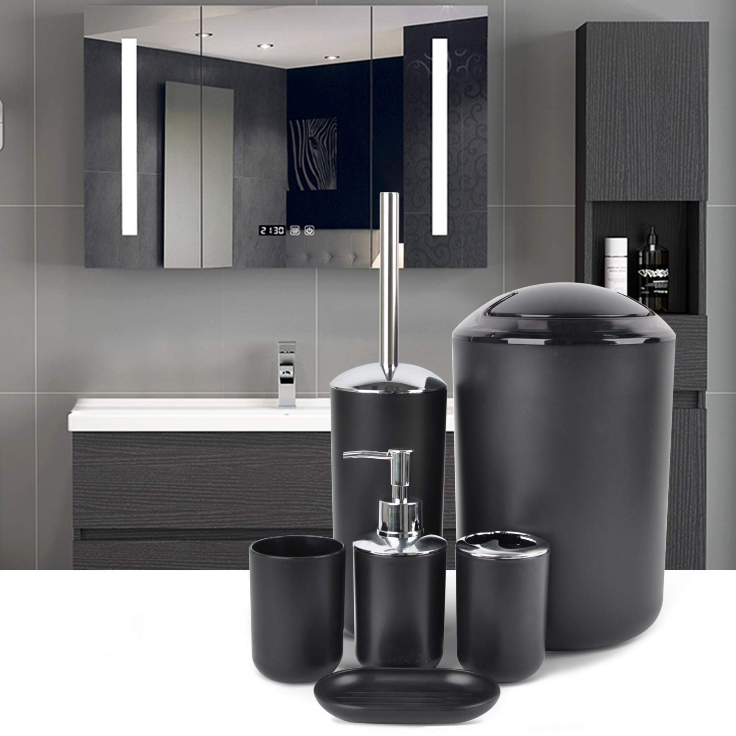 Bathroom Accessories Set 6 Piece Bath Ensemble with Smooth Surface Includes Soap Dispenser， Toothbrush Holder， Toothbrush Cup， Soap Dish for Decorative Countertop and Housewarming Gift， Black