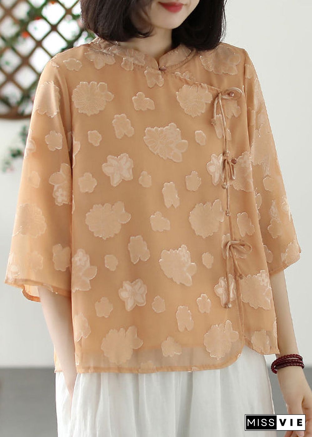 Boutique Khaki Stand Collar Jacquard Tulle Shirt Summer