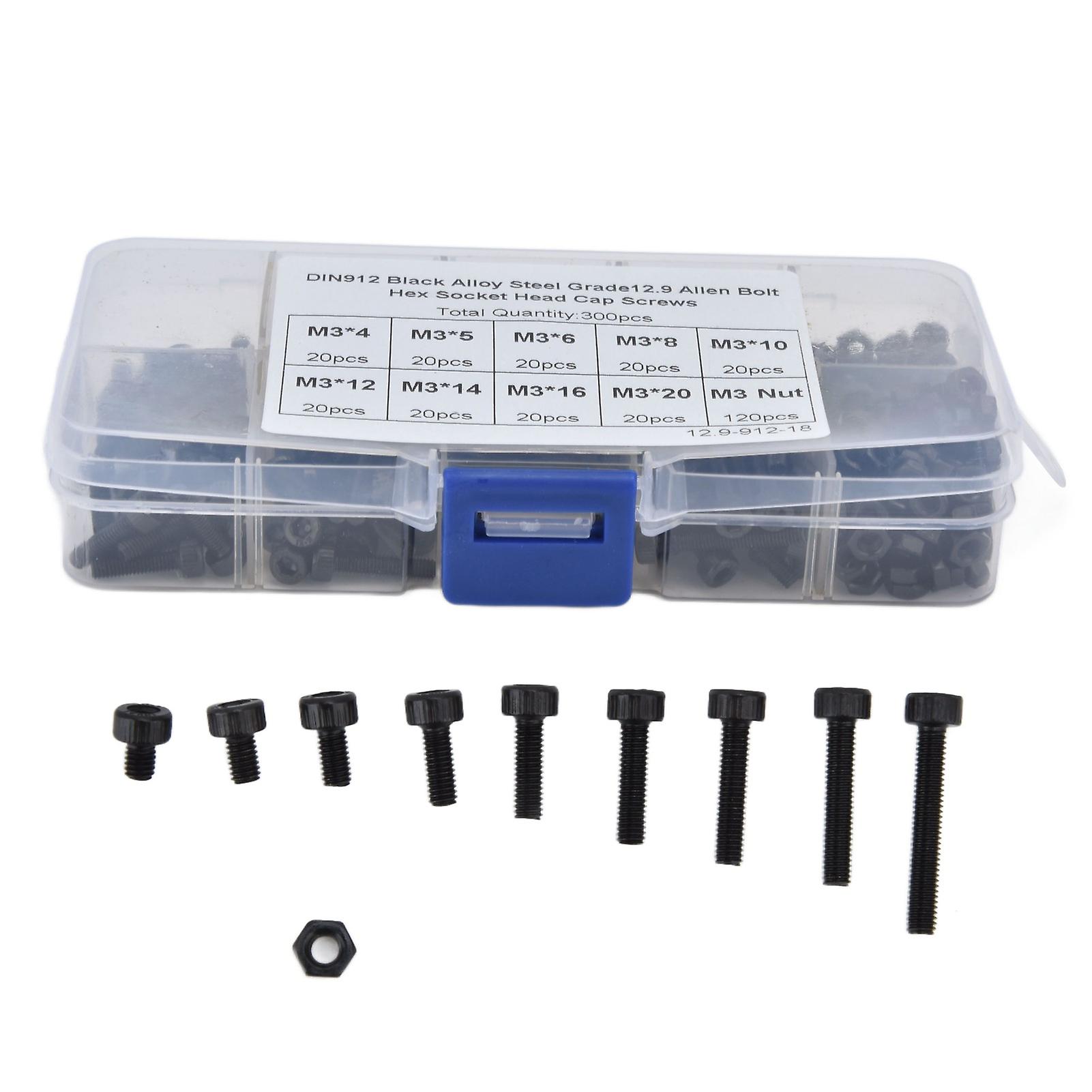 300 Pack M3 Hex Socket  Screws Alloy Steel Hex Head Screw Nut High Strength Metal Parts Assortment