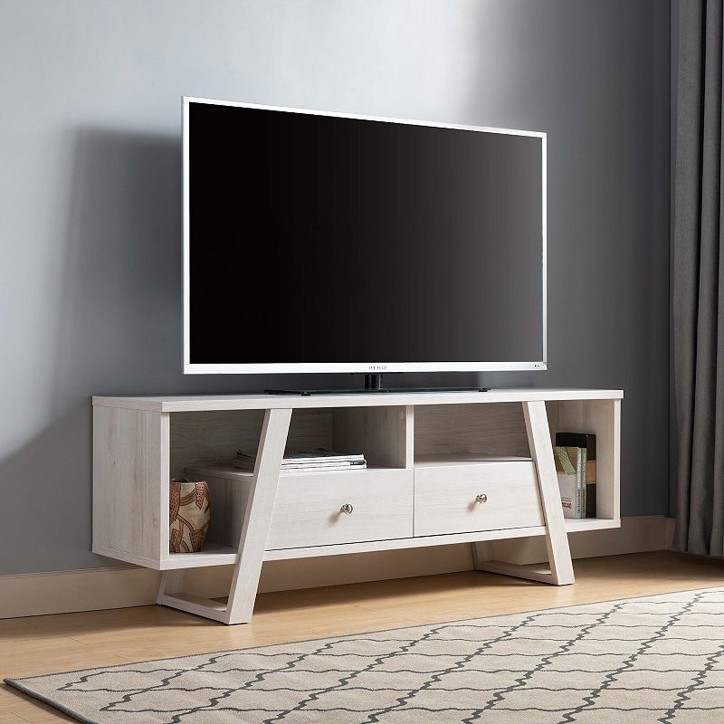 FC Design White Oak TV Stand with 2 Drawers and 4 Open Shelves