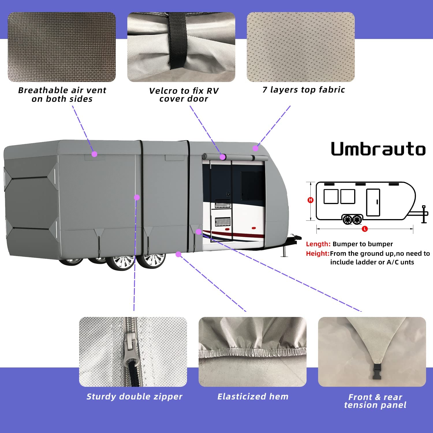 RV Cover 2022 Upgraded 7 Layers Top Travel Trailer Cover Windproof Camper Cover with RV Accessories Tongue Jack Cover， Gutter Covers， Storage Bag fits 14’-16’ RV