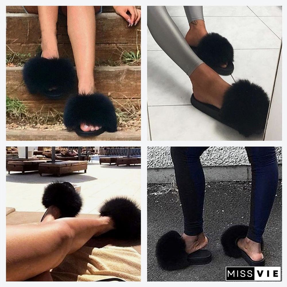 Women New Fashion Fluffy Faux Fur Slippers Sandals Indoor Outdoor Plush Slides Home Flat Shoes