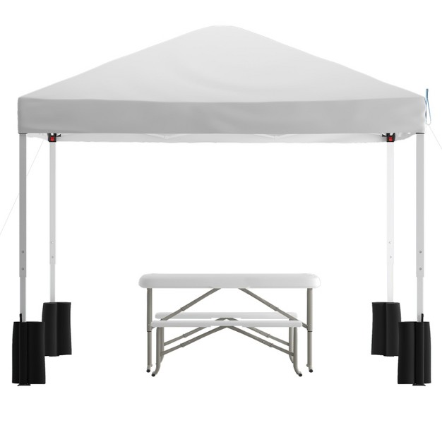 Emma And Oliver Portable Tailgate And Camping Set With Pop Up Event Canopy Tent With Wheeled Case And Folding Table With Benches Set