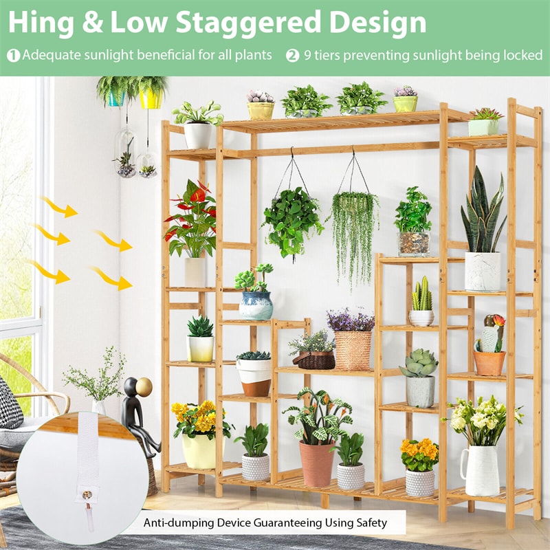 9-Tier Bamboo Plant Stand 2-In-1 High-Low Potted Plant Holder Shelf with Hanging Rack