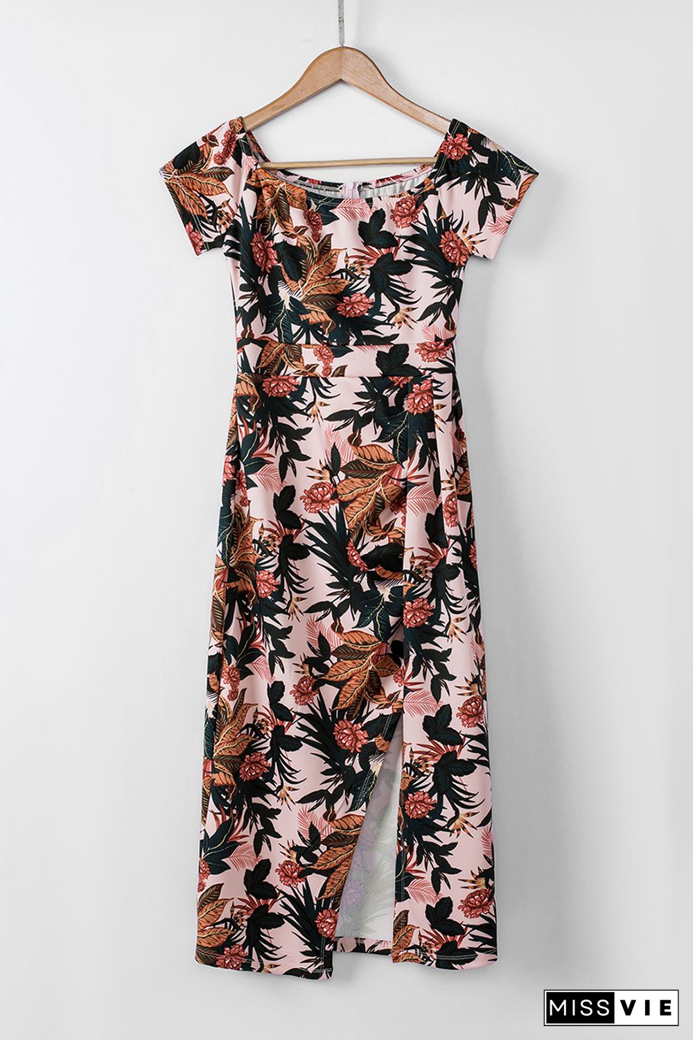 Pink Pattern Print Off Shoulder Slit Bodycon Midi Dress