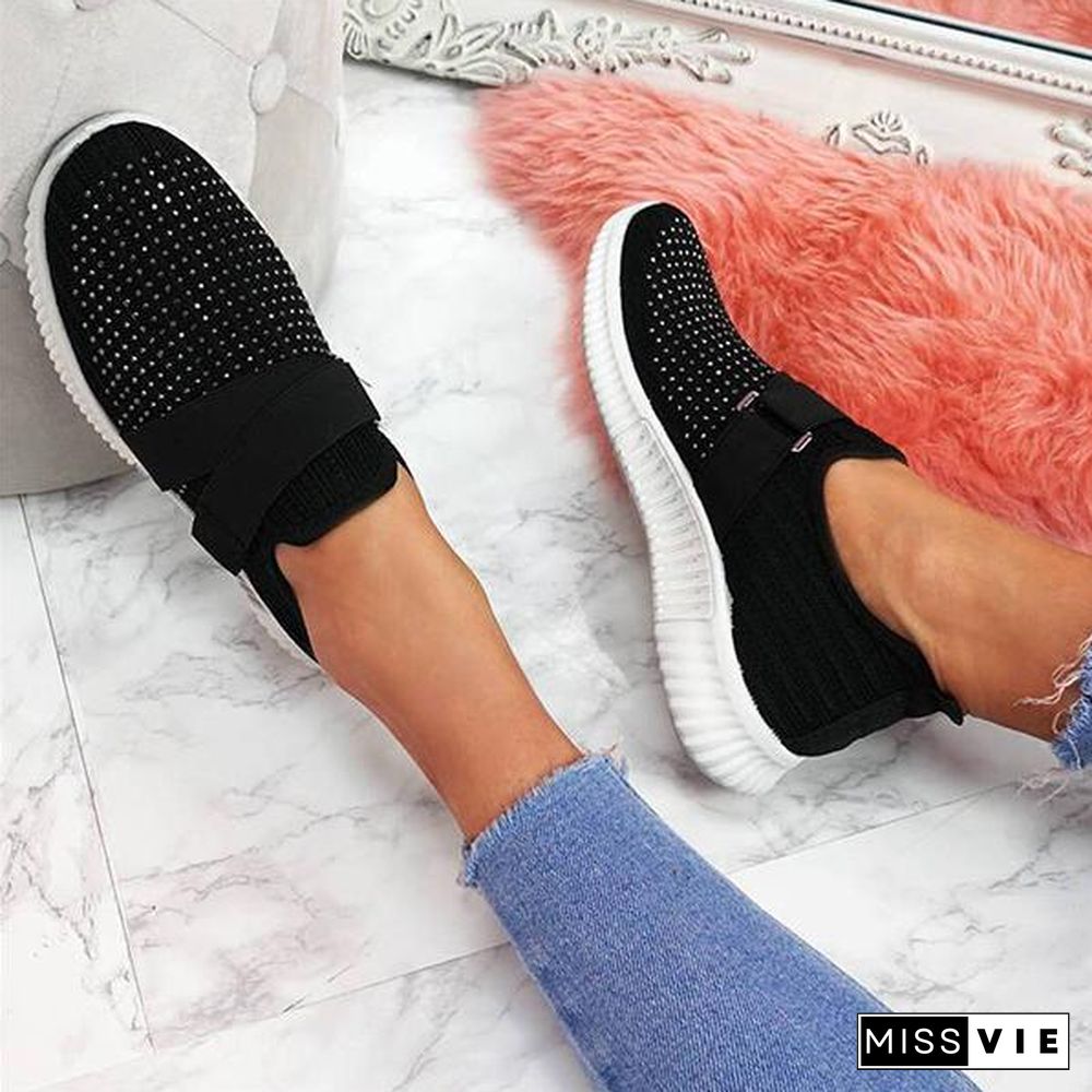 Women Fashion Bling Rhinestones Flyknit Fabric Slip On Breathable Platform Sneakers