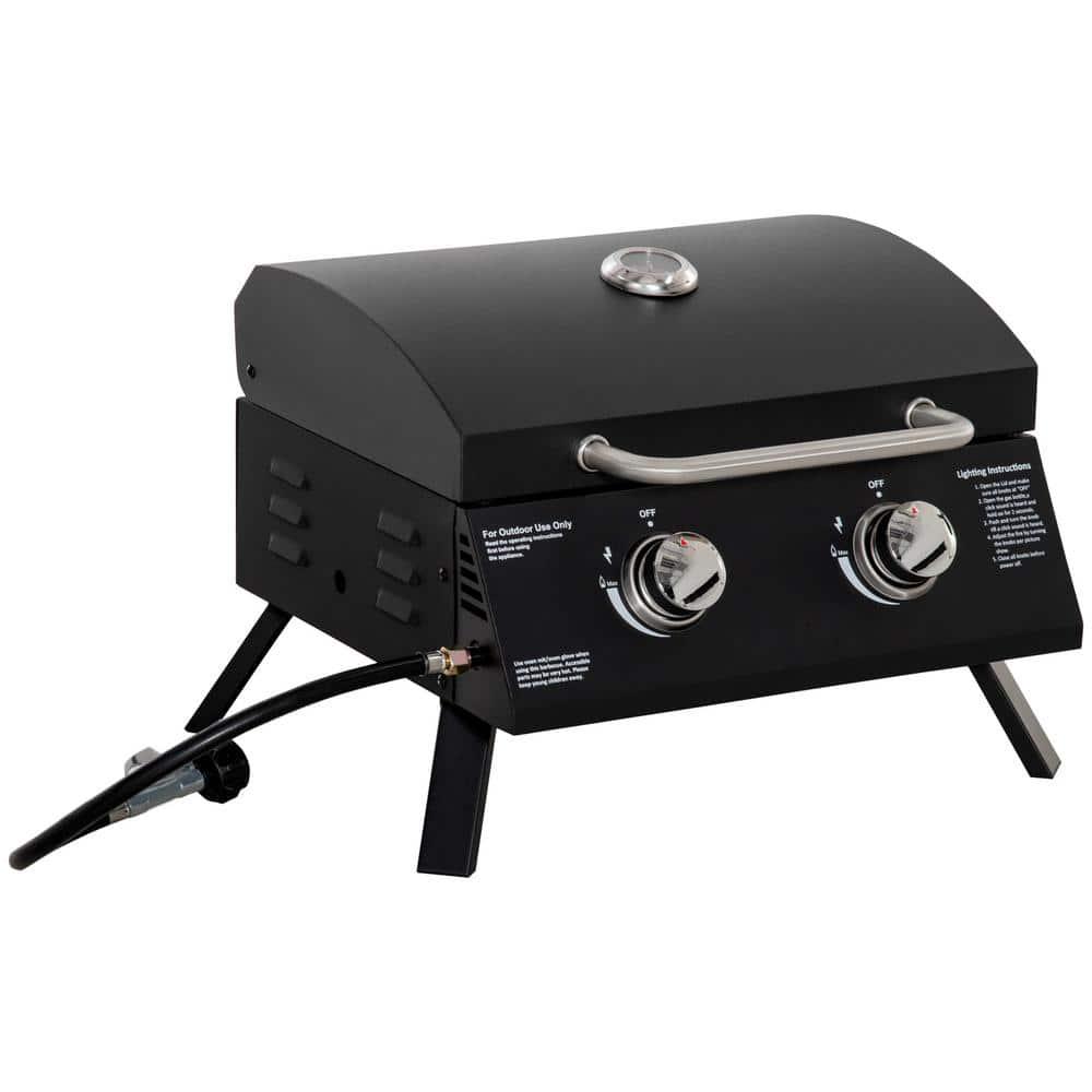 Outsunny Portable Propane Gas Grill in Black with Foldable Legs Lid Thermometer for Camping Picnic Backyard