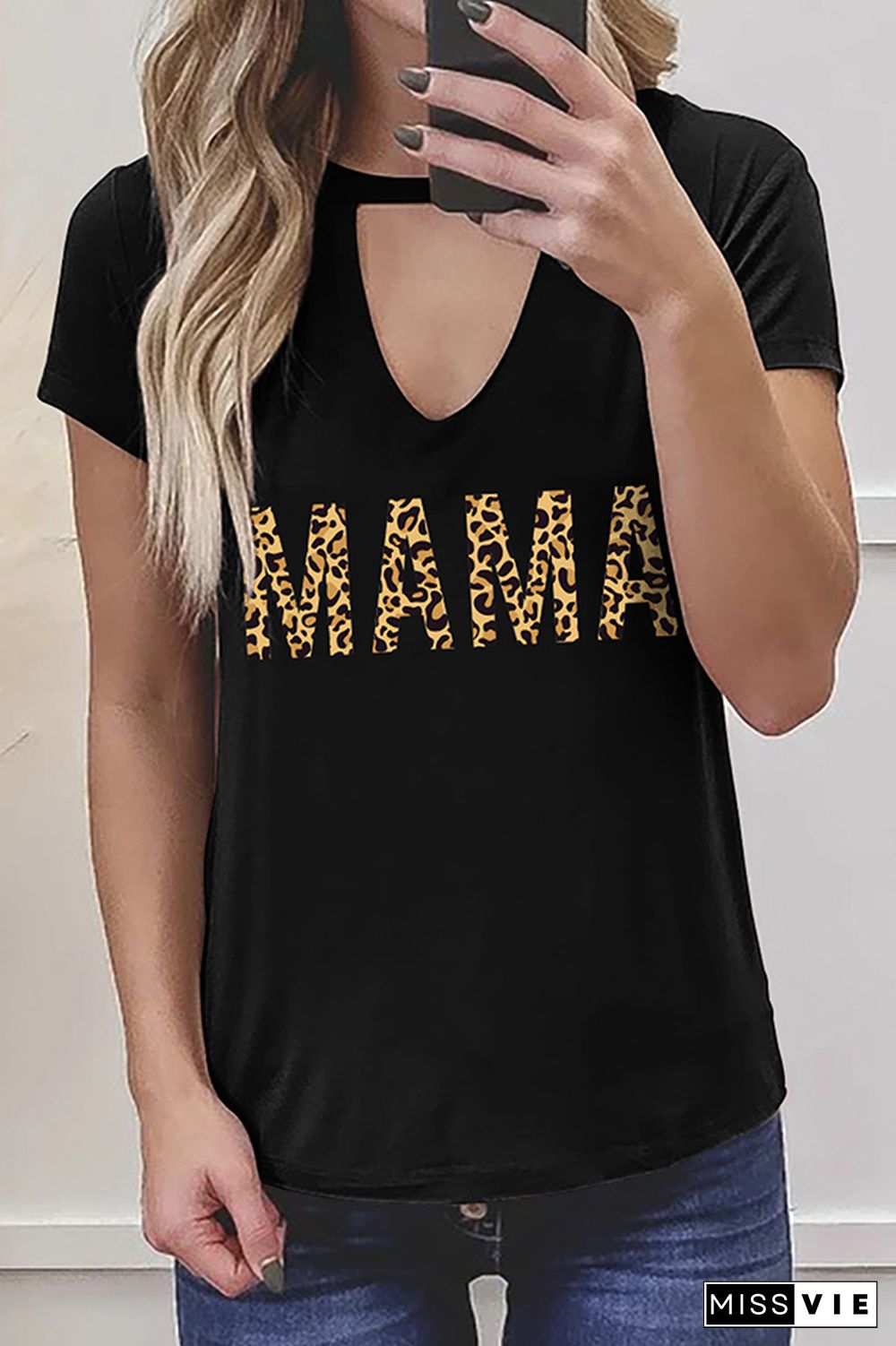 MAMA and Leopard Print Graphic Tees for Women Wholesale Short Sleeve T shirts Top