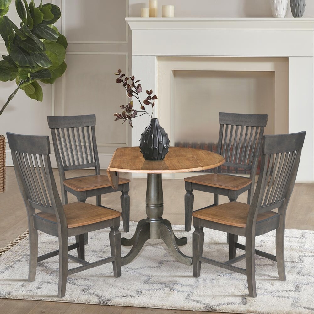 42 in. Round Dual Drop Leaf Dining Table with 4 Slatback Chairs   5 Piece Set   Hickory/Washed Coal