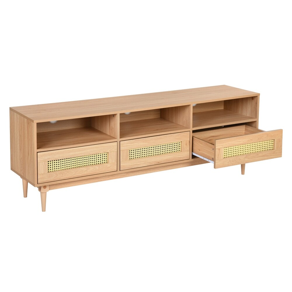 Rattan TV Stand with 3 Drawers   Open Shelves  Farmhouse TV Cabinet for Up to 70\