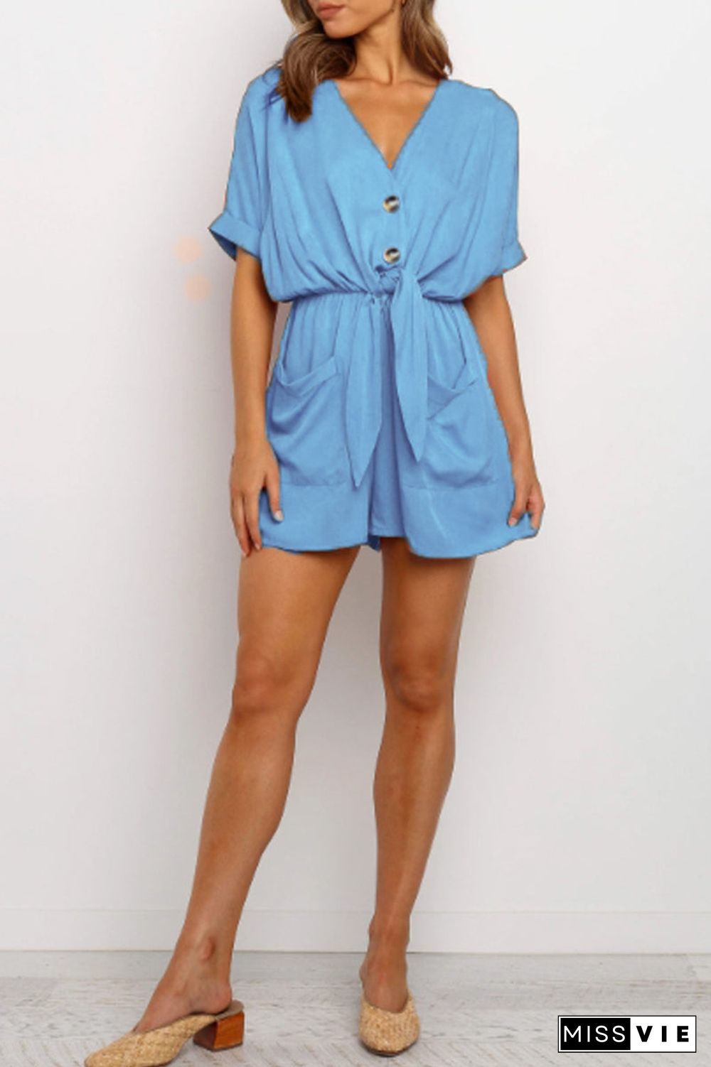 Solid Color Tie Up Pocket Romper