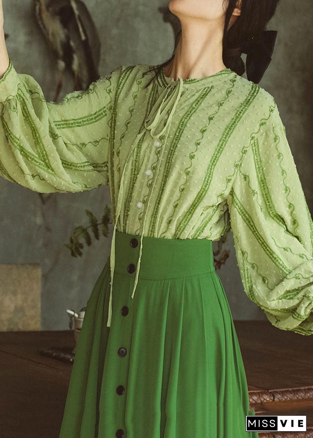 Fashion Green Embroideried Lace Up Cotton Shirt Top Spring