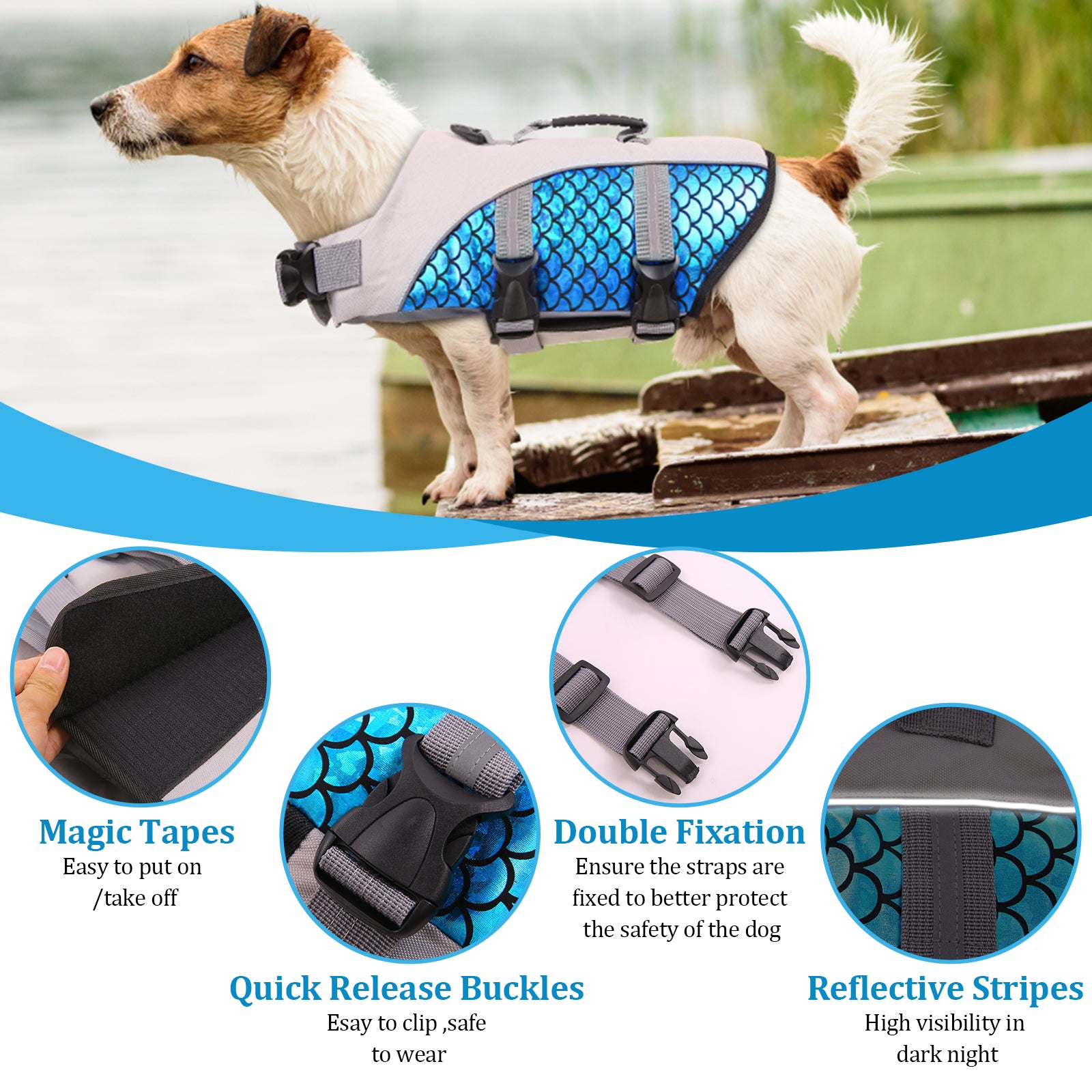 QBLEEV Dog Life Jacket and Life Vest， Pet Safety Coat， Reflective Adjustable Puppy Lifesaver with Rescue Handle， Ripstop Safety Swimsuit for Small to Large Dog-L