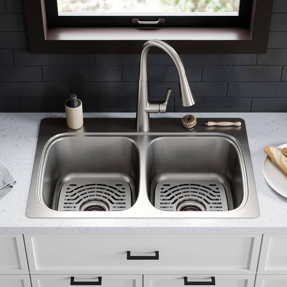 KOHLER Verse Stainless Steel 33 in. Double Bowl Drop-In Kitchen Sink with Faucet K-RH5267-1PC-NA