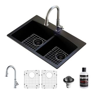 Karran QT- 710 qt. 33 in. 5050 Double Bowl Drop-In Kitchen Sink in Black with Faucet in Stainless Steel QT710BLKKF330SS