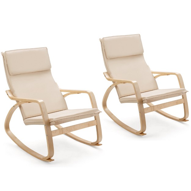 Costway Set Of 2 Bentwood Rocking Chair Relax Rocker Lounge Chair W fabric Cushion Gray Beige